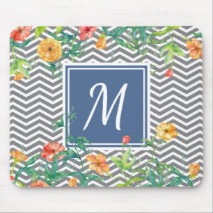 Alfombrilla De Ratón Elegante Naranja Floral Chevron Moda Azul Monogram