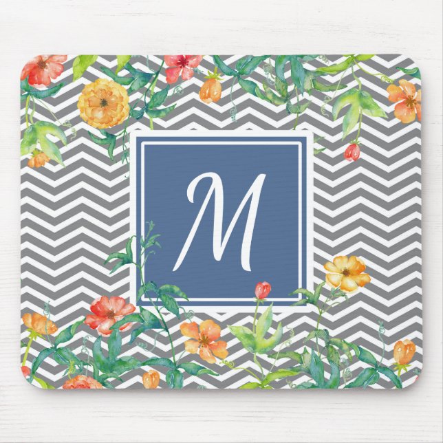 Alfombrilla De Ratón Elegante Naranja Floral Chevron Moda Azul Monogram (Frente)