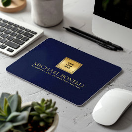 Alfombrilla De Ratón Elegante Navy Blue Leather Luxury Gold Logo NOMBRE