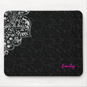 Alfombrilla De Ratón Elegante negro Damask Silver Metallage Lace