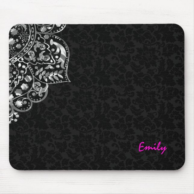 Alfombrilla De Ratón Elegante negro Damask Silver Metallage Lace (Frente)