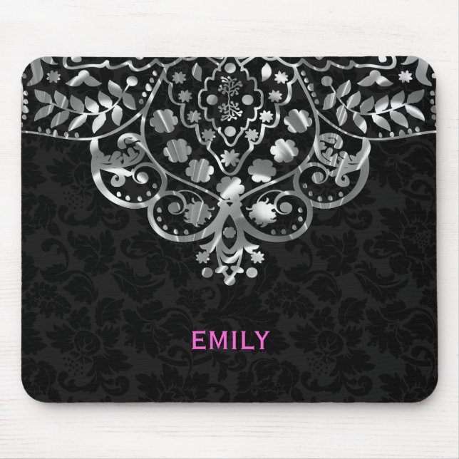 Alfombrilla De Ratón Elegante negro Damask Silver Metallage Lace (Frente)