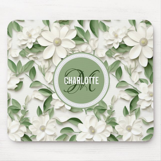 Alfombrilla De Ratón Elegante nombre monogramado de magnolia blanca (Frente)