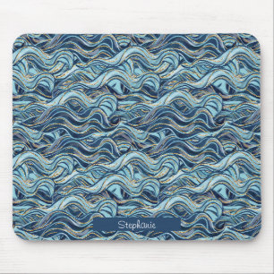 Alfombrilla De Ratón Elegante patrón de onda azul con acentos dorados