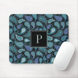 Alfombrilla De Ratón Elegante Patrón de Paisley Azul Monograma
