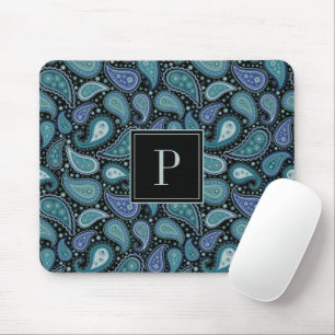 Alfombrilla De Ratón Elegante Patrón de Paisley Azul Monograma