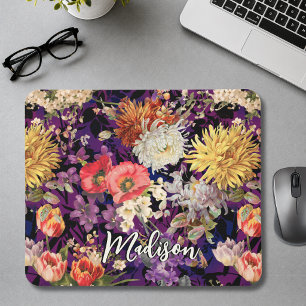 Alfombrilla De Ratón Elegante patrón floral amarillo púrpura