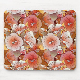 Alfombrilla De Ratón Elegante Peach Tropical Y Flor Hibiscus Blanca