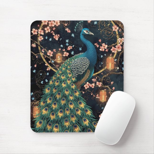Alfombrilla De Ratón Elegante Peacock Cherry Blossom Art (Con ratón)