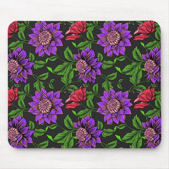 Alfombrilla De Ratón Elegante Púrpura Y Flor Roja Fondo Negro (Frente)