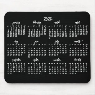 Alfombrilla De Ratón Elegante Script Calendario Blanco Y Negro 2024
