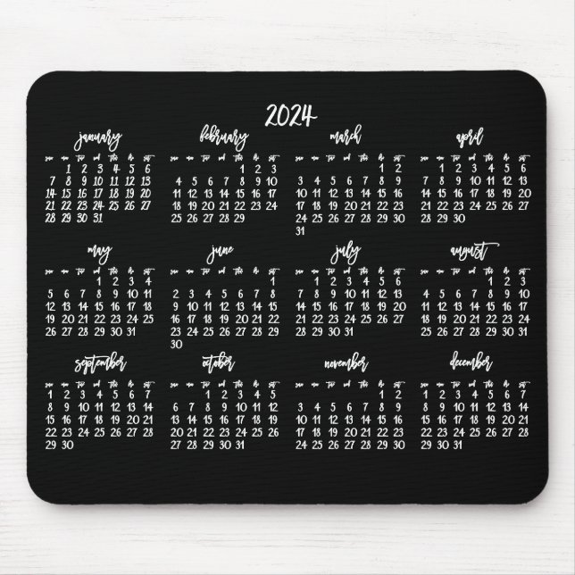 Alfombrilla De Ratón Elegante Script Calendario Blanco Y Negro 2024 (Frente)