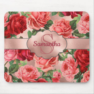 Alfombrilla De Ratón Elegante Vintage Roses Roses Rojos Floral Monogram