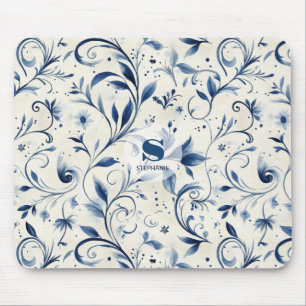 Alfombrilla De Ratón Elegantes hojas de paisley azul - fondo blanco (2)