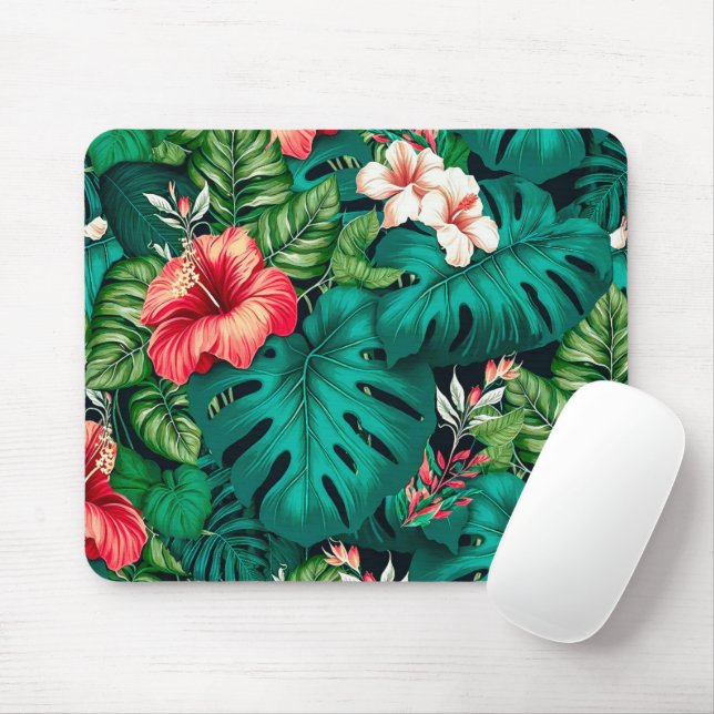Alfombrilla De Ratón Elegantes hojas tropicales y flores hibiscus | (Con ratón)