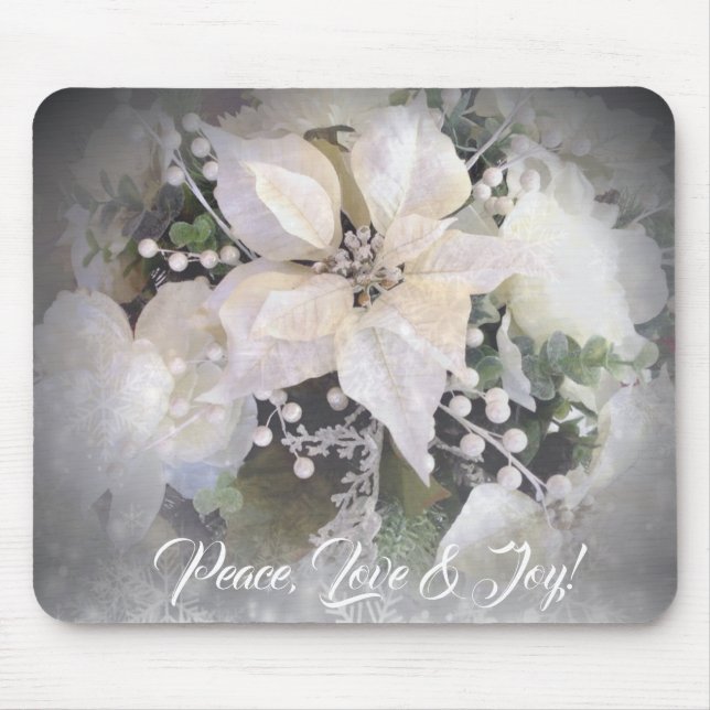 Alfombrilla De Ratón Elegantes Navidades blancos y plateados Poinsettia (Frente)