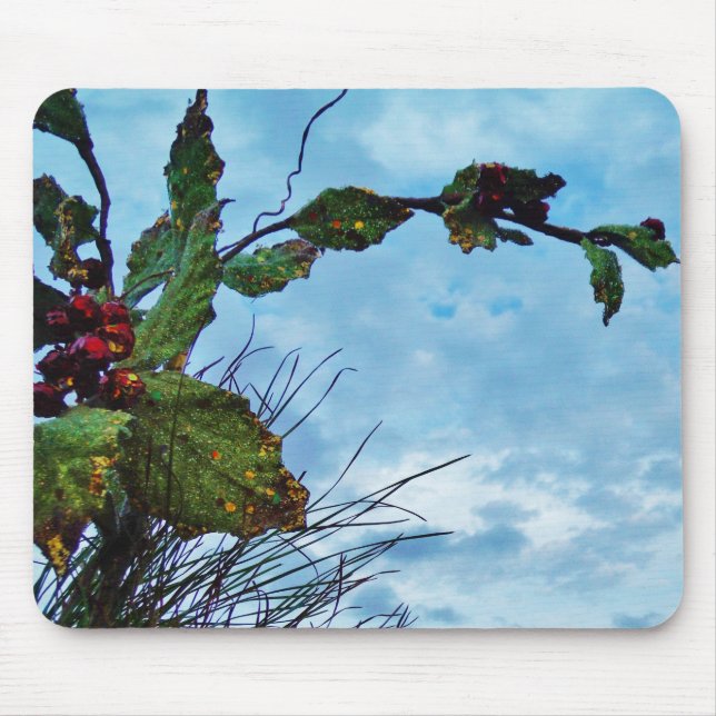 Alfombrilla De Ratón Elegantes Navidades Holly, cielo azul (Frente)