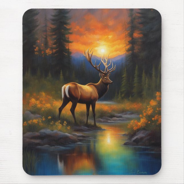 Alfombrilla De Ratón Elk en Rocky Mountain Stream hermosa pintura (Frente)