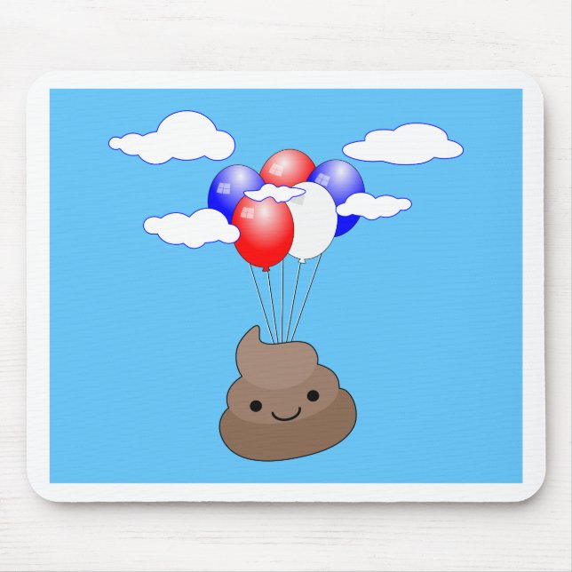 Alfombrilla De Ratón Emoji Poo Volando Con Globos En Cielo Azul (Frente)