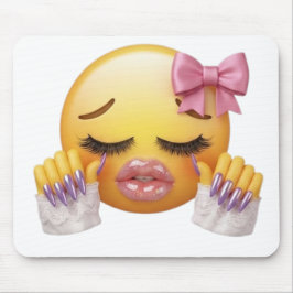Alfombrilla De Ratón Emoji sonrojado con lazo rosa y uñas largas 