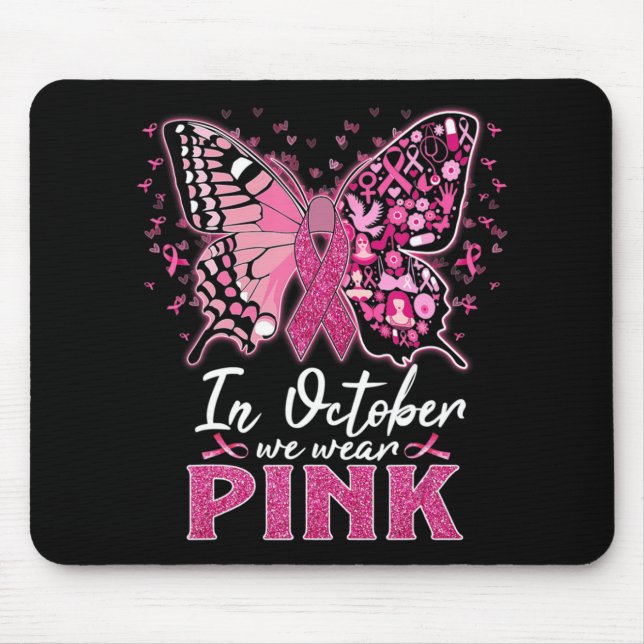 Alfombrilla De Ratón En Octubre Usamos Cáncer De Mama De Mariposa Rosa (Frente)