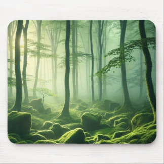 Alfombrilla De Ratón Enchanted Misty Forest Serene Green Woodland Scene