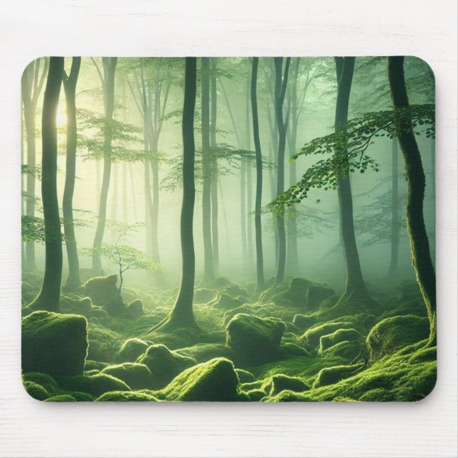 Alfombrilla De Ratón Enchanted Misty Forest Serene Green Woodland Scene (Frente)