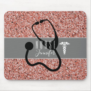 Alfombrilla De Ratón Enfermera Stethoscope Caduceus Rosa Purpurina Gold