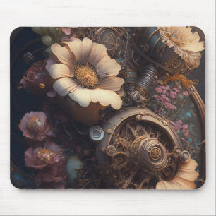 Alfombrilla De Ratón Engranajes Steampunk y flores blancas 