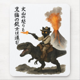 Alfombrilla De Ratón Epic Black Cat Cowboy Riding Dinosaur with Volcano