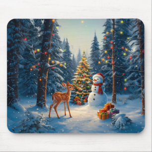 Alfombrilla De Ratón Escena De Árbol De Navidad Cute Deer Fawn Snowman