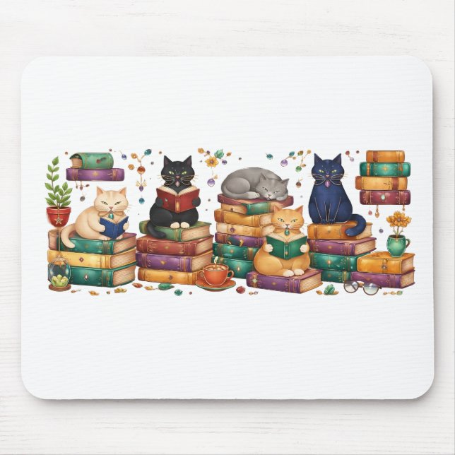 Alfombrilla De Ratón Escena de biblioteca acogedora con gatos leyendo l (Frente)
