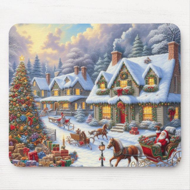 Alfombrilla De Ratón Escena de la aldea de Navidades encantadores (Frente)
