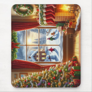 Alfombrilla De Ratón Escena de la ventana Navidades acogedores