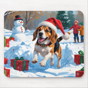 Alfombrilla De Ratón Escena de nieve festiva de Navidad de Beagle