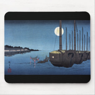 Alfombrilla De Ratón Escena del claro de luna en un río con los barcos