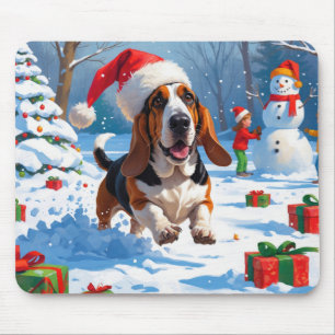 Alfombrilla De Ratón Escena festiva de Navidad con Basset Hound en la n