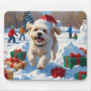 Alfombrilla De Ratón Escena Navideña Festiva de Nieve con Bichon Frise