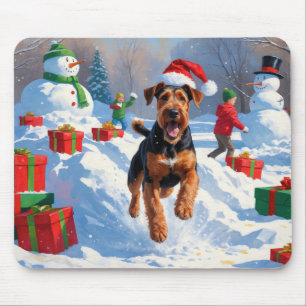 Alfombrilla De Ratón Escena Navideña Festiva de Snow Airedale
