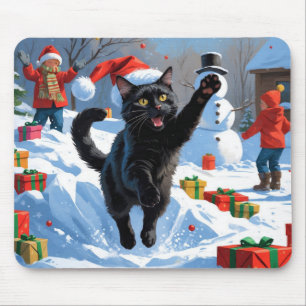 Alfombrilla De Ratón Escena nevada festiva de Navidad con gato negro