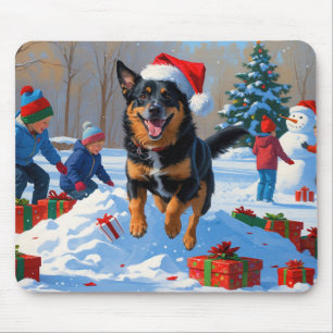 Alfombrilla De Ratón Escena nevada festiva de Navidad con Malinoi belga