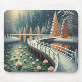 Alfombrilla De Ratón Escena serena de Navidad de invierno en una comput