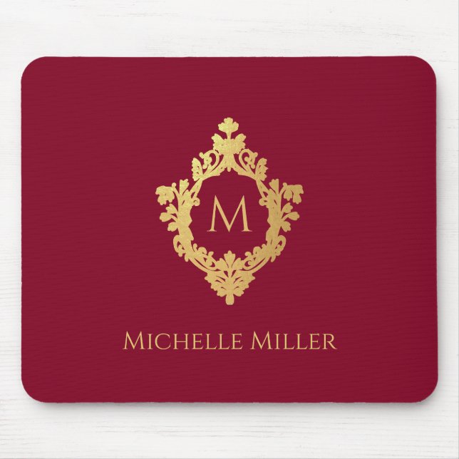 Alfombrilla De Ratón Escudo de la época Burgundy Faux Gold Elegant Mono (Frente)