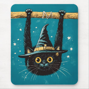 Alfombrilla De Ratón Espeluznante Bruja de gato negro volador