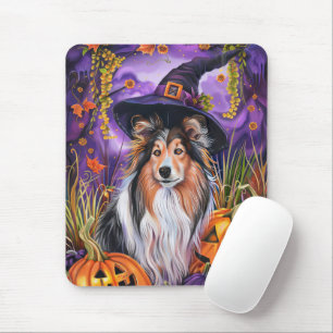 Alfombrilla De Ratón Espeluznante Shetland Sheepdog Halloween Witch Pum