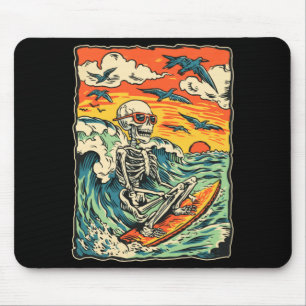 Alfombrilla De Ratón Esqueleto de surf retro surfeando ola gótica