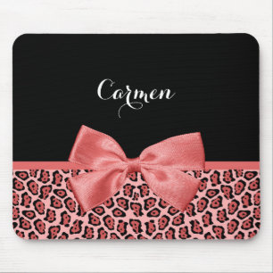 Alfombrilla De Ratón Estampado de jaguar negro y coral con lazo con nom