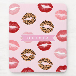 Alfombrilla De Ratón Estampado de labios con patrón de leopardo rosa ch