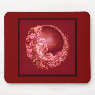 Alfombrilla De Ratón Estilo fractal floral rosa sobre fondo rojo oscuro