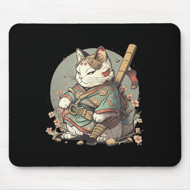 Alfombrilla De Ratón Estilo Gato Kawaii Samurai Anime Kitten Japonés (Frente)